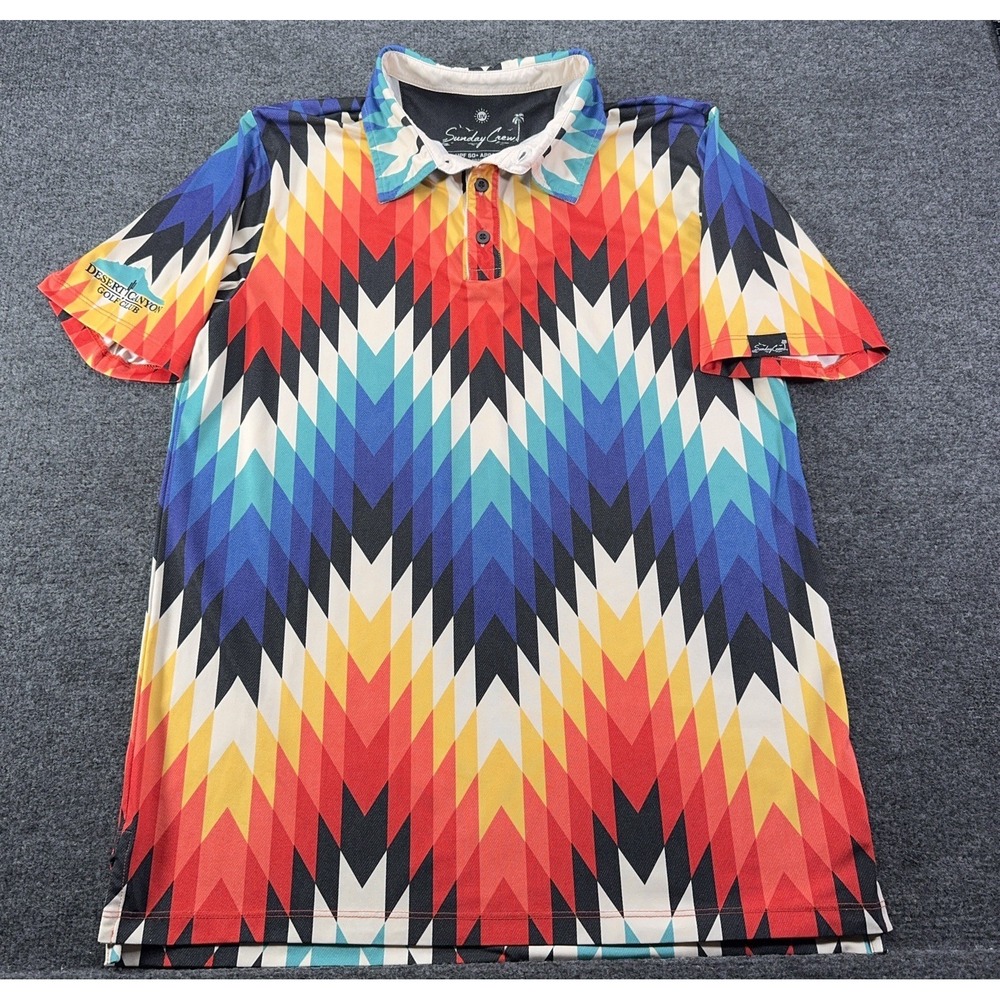 Sunday Crew Performance Golf Polo Shirt Men's L UPF 50+ Multicolor Chevron EUC